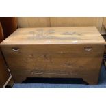 ORIENTAL CARVED CAMPHOR WOOD CHEST WITH HINGED LID & TRAY INSIDE