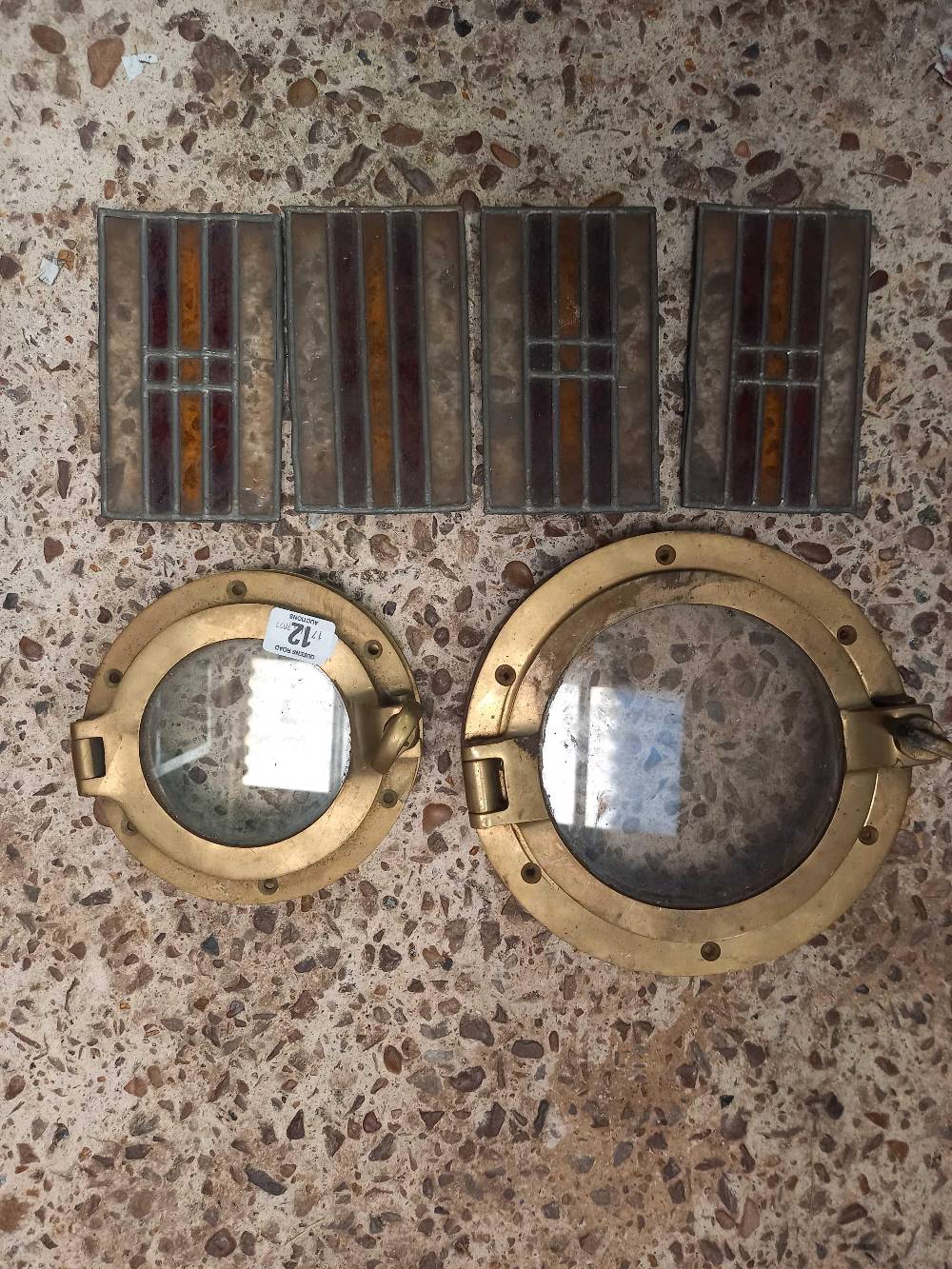 2 BRASS PORTHOLES 9" & 7" DIA & 4 SMALL LEADED GLASS PANELS