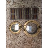 2 BRASS PORTHOLES 9" & 7" DIA & 4 SMALL LEADED GLASS PANELS