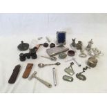 BAG OF MISC METALWARE, INCL; SMALL HIP FLASK, PICTURE FRAMES, SALTS, CHAMPAGNE SPIGOT,