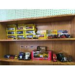 2 SHELVES OF MISC TOY CARS FROM THE SHELL SPORTS CAR COLLECTION & OTHER PLAY WORN TOYS