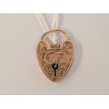 ANTIQUE 9ct ENGRAVED ROSE GOLD HEART SHAPED PADLOCK, 2.