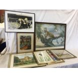 LARGE FRAMED PRINT OF A LEOPARD & 6 VARIOUS PAINTINGS & PRINTS