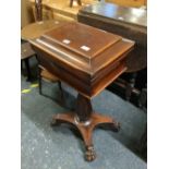 REGENCY MAHOGANY VELVET LINED BOX WITH HINGED LID WITH CARVED MAHOGANY PEDESTAL & LION CLAW FEET