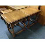 PAIR OF SQUARE POLISHED OAK COFFEE TABLES WITH TURNED LEGS
