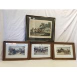 3 FRAMED COACHING PRINTS & A HUNTING PRINT