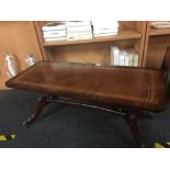 MODERN MAHOGANY STYLE TWIN PEDESTAL COFFEE TABLE WITH LEATHER INSET TO TOP