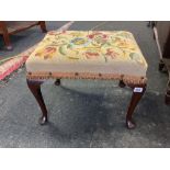 MODERN MAHOGANY STOOL WITH FLORAL EMBROIDERED UPHOLSTERED SEAT
