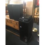 SMALL BLACK ASH EFFECT CABINET WITH SMOKED GLASS DOOR & SONY RECORD DECK PLUS TANNOY SPEAKERS