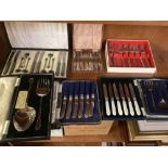 QTY OF 7 BOXED CUTLERY SETS INCL;1930'S COFFEE BEAN SPOONS, TEA KNIVES,