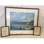 LARGE CRICKET PRINT OF LORDS CRICKET GROUND BY ALAN FEARNLEY 1980 SIGNED BY THE 1980 CENTENARY