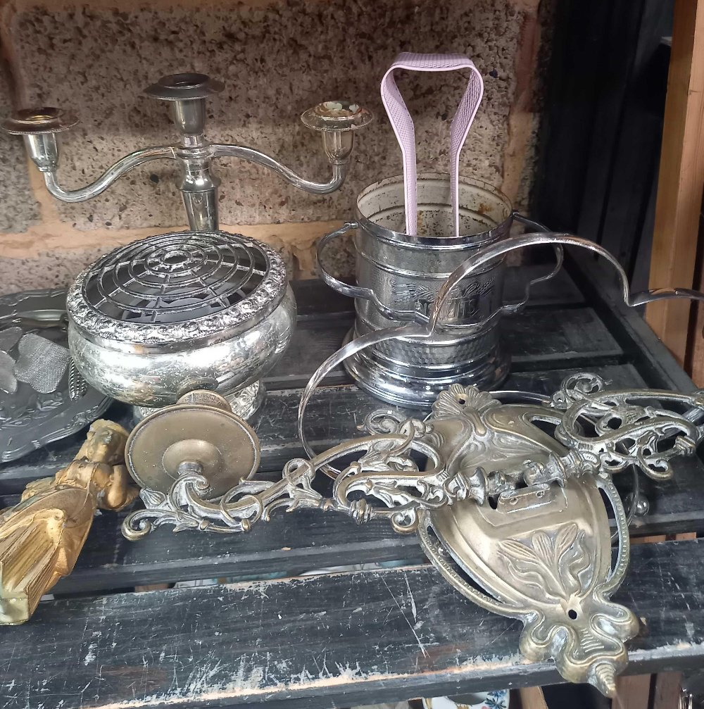 SHELF WITH QTY OF MISC BRASS & PLATEDWARE INCL; BRASS GOBLETS, - Image 3 of 3