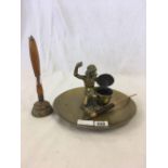 VICTORIAN BRASS FIGURAL INK WELL WITH WOODEN DIP PEN & EMBOSSED BRASS HAND BELL