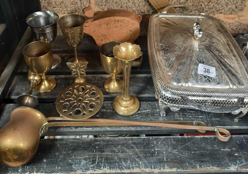 SHELF WITH QTY OF MISC BRASS & PLATEDWARE INCL; BRASS GOBLETS,