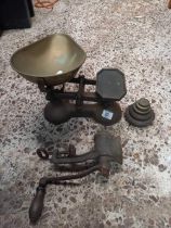 VINTAGE KITCHEN SCALE WITH WEIGHTS & A MEAT MINCER