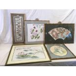 4 LARGE FRAMED CHINESE PAINTINGS & A SILK EMBROIDERY OF BIRDS & TREES