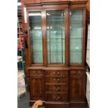 MAHOGANY REPRODUCTION BREAK FRONT DISPLAY CABINET WITH CUPBOARDS & DRAWERS WITH BRASS DROP HANDLES