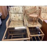 PAIR OF UPHOLSTERED CONSERVATORY ARMCHAIRS, 2 GLASS TOP TABLES,