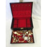 BLACK JEWELLERY BOX WITH QTY OF GOLD COLOURED LADIES & GENTS WRIST WATCHES INCL;