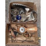 2 CARTONS OF MISC BRASS WARE & PLATED, INCL; SWING HANDLE BASKETS, FIRESIDE SET,