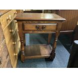 HEAVY OAK SIDE TABLE WITH DRAWER SHELF UNDER WITH TURNED LEGS