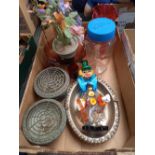 3 CARTONS OF MIXED METAL, CHINA & GLASS, METAL POSY HOLDERS, BISCUIT BARREL,