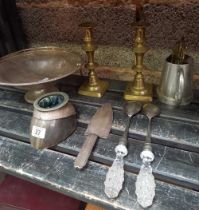 SHELF WITH BRASS CANDLESTICKS, PLATED SPOONS,