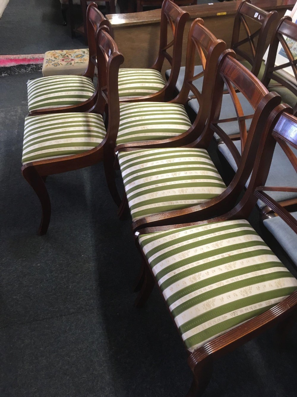 SET OF 6 MODERN MAHOGANY DINING CHAIRS WITH GREEN STRIPPED UPHOLSTERED SEATS - Image 3 of 3