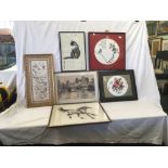 5 FRAMED CHINESE PICTURES & A CHINESE SILK EMBROIDERY OF STORKS