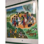 LARGE COLOURFUL CARIBBEAN PRINT OF PEOPLE DANCING,