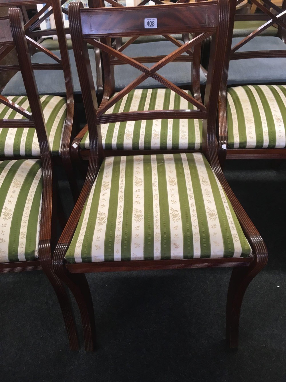SET OF 6 MODERN MAHOGANY DINING CHAIRS WITH GREEN STRIPPED UPHOLSTERED SEATS - Image 2 of 3