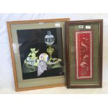 F/G EMBROIDERED SILK PICTURE OF A BIRD & A STILL LIFE PICTURE OF CHILDREN'S TOYS