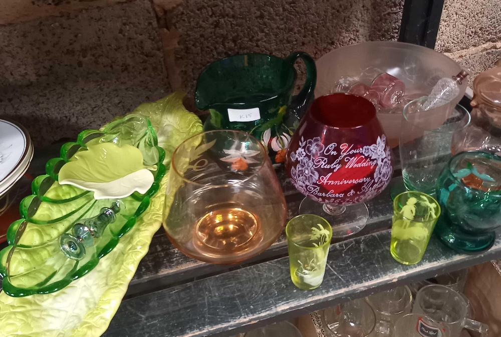 SHELF OF MIXED GLASS & CHINAWARE INCL; A LETTUCE LEAF DISH, - Image 2 of 2