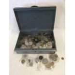 TIN BOX WITH LARGE QTY OF COINS MAINLY BRITISH