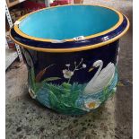 LARGE CERAMIC JARDINIERE DECORATED WITH SWANS & BULL RUSHES,