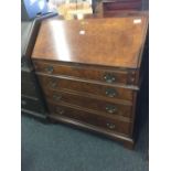REPRODUCTION BURR WALNUT BUREAU WITH FITTED INTERIOR & BRASS DROP HANDLES,