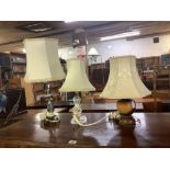 2 GLASS & 1 WOODEN TABLE LAMP WITH SHADES