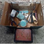 CARTON WITH MISC HAIRDRESSING ITEMS, TRINKET BOX,