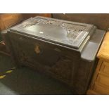HEAVILY CARVED VINTAGE DARK WOOD CAMPHOR CHEST WITH HINGED LID & HEAVY BRASS LOCK & KEY,