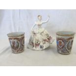 ROYAL DOULTON FIGURE 'SHIRLEY' HN702 & 2 COMMEMORATIVE MUGS