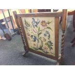 OAK FIRE SCREEN WITH BARLEY TWIST PILLARS & INSET FLORAL EMBROIDERED PICTURE