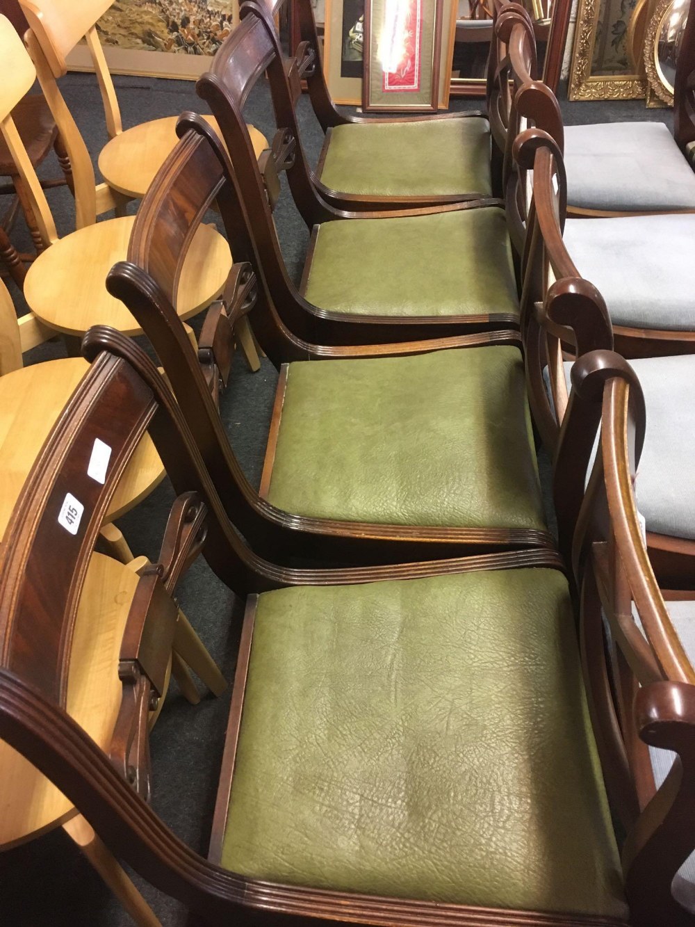 SET OF 4 MODERN MAHOGANY DINING CHAIRS WITH GREEN LEATHER SEATS