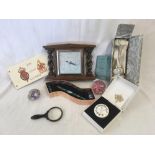 CARTON WITH AN OAK BAROMETER, PEN SET, GLASS PAPERWEIGHT,