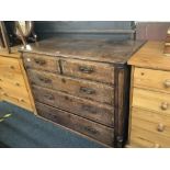 ANTIQUE OAK & MAHOGANY VENEERED CHEST OF 3 LONG & 2 SHORT DRAWERS WITH BRASS DROP HANDLES ETC