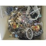 CARTON OF COSTUME JEWELLERY, BROOCHES, BEADS, CUFF LINKS,