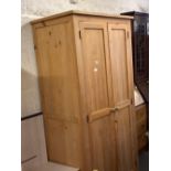 STRIPPED PINE DOUBLE WARDROBE WITH HANGING RAIL & SHELF,