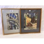 PAIR OF HAND SEWN TEXTILE PICTURES ONE ENTITLED “FLYING BUTTRESSES OF CHARTRES CATHEDRAL” AND THE