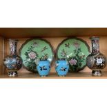 SHELF OF ORIENTAL CLOISONNE PLATES & VASES