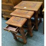 NEST OF 3 INDIAN CARVED WOOD TABLES WITH INTRICATE BRASS INLAY