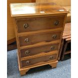 YEW WOOD BEDSIDE CHEST OF 4 DRAWERS WITH BRASS DROP HANDLES